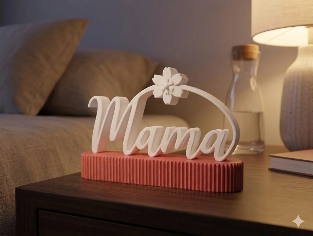 Letrero blanco con la palabra Mamá y una flor, sobre una base rosada