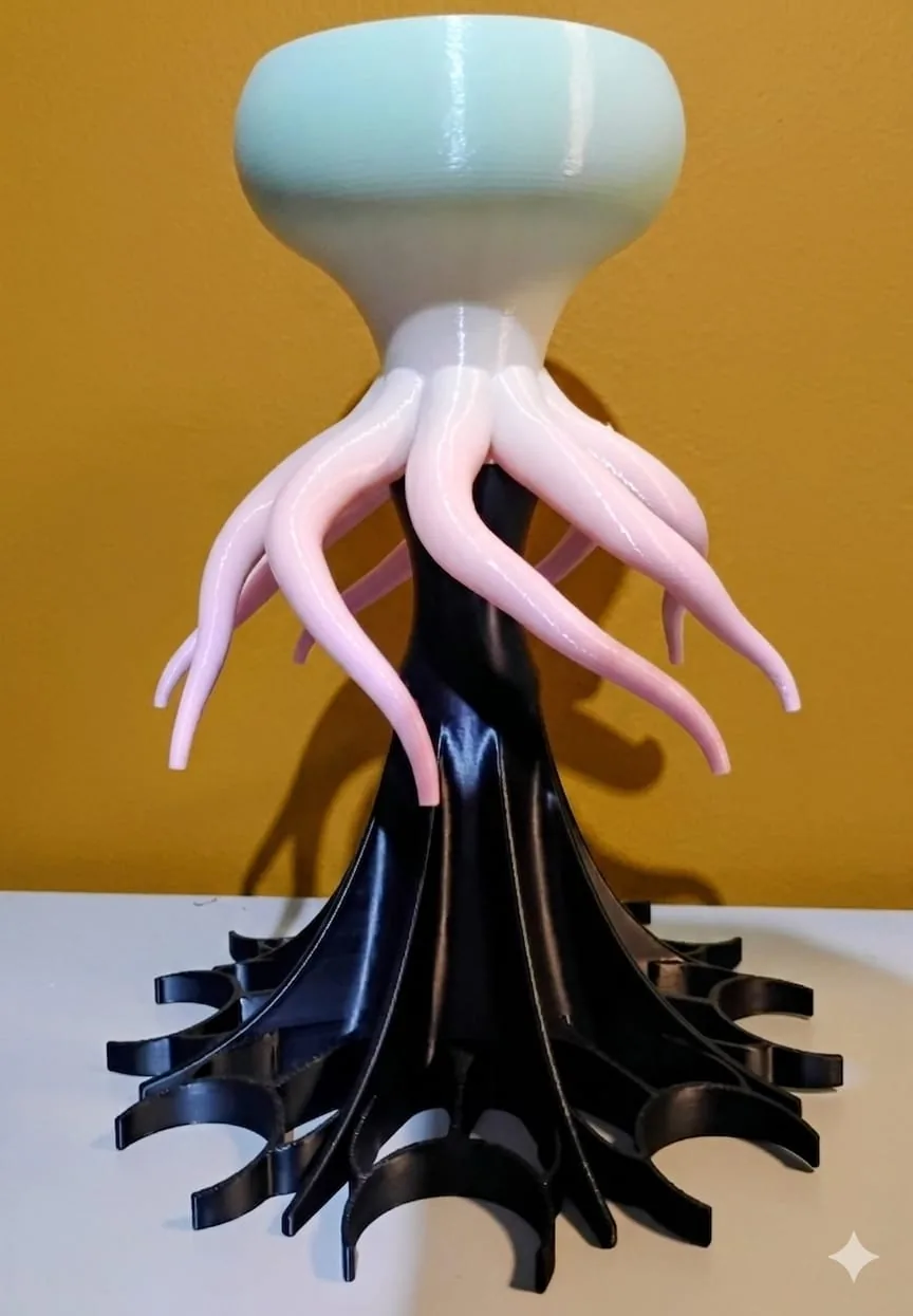 Soporte con forma de pulpo, con tentáculos rosados y base negra