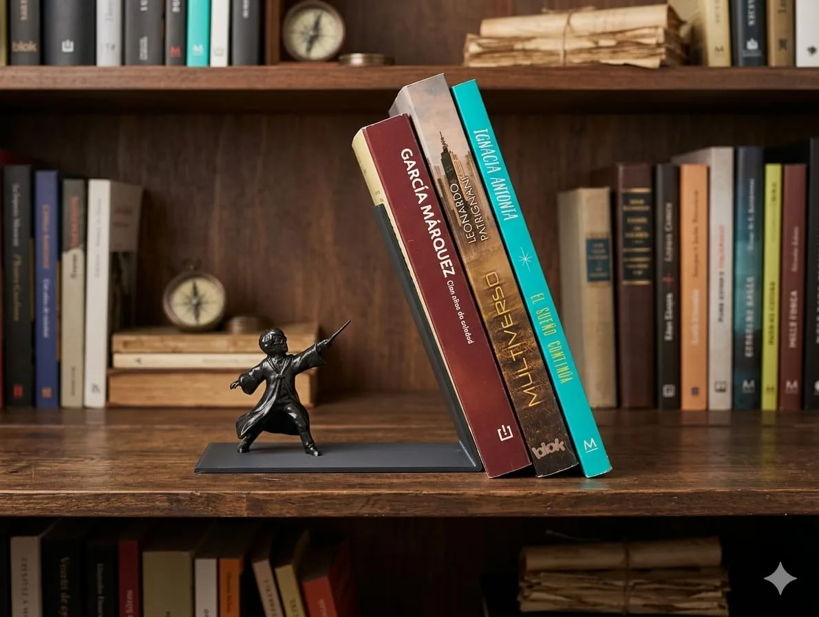 Sujetalibros con una figura de karateca deteniendo una fila de libros